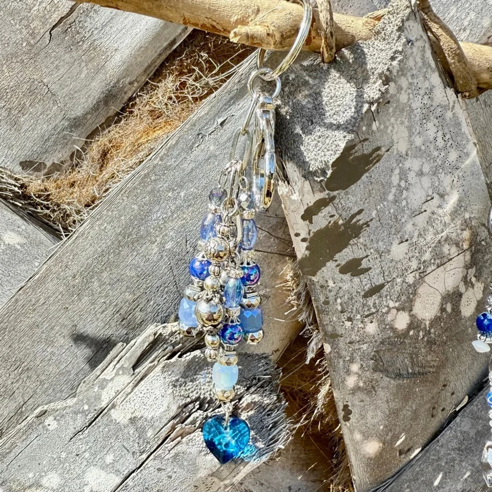 Blue Heart Handmade Bag Charm Keychain | One of a Kind | Crystal Accessory